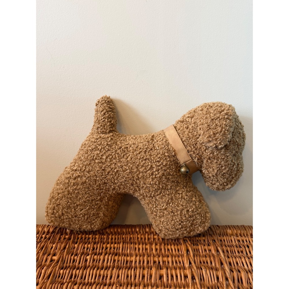 Vtg Sherpa Dog Decorative Pillow Brown Bouclé Puppy Plush bell Collar 11x13